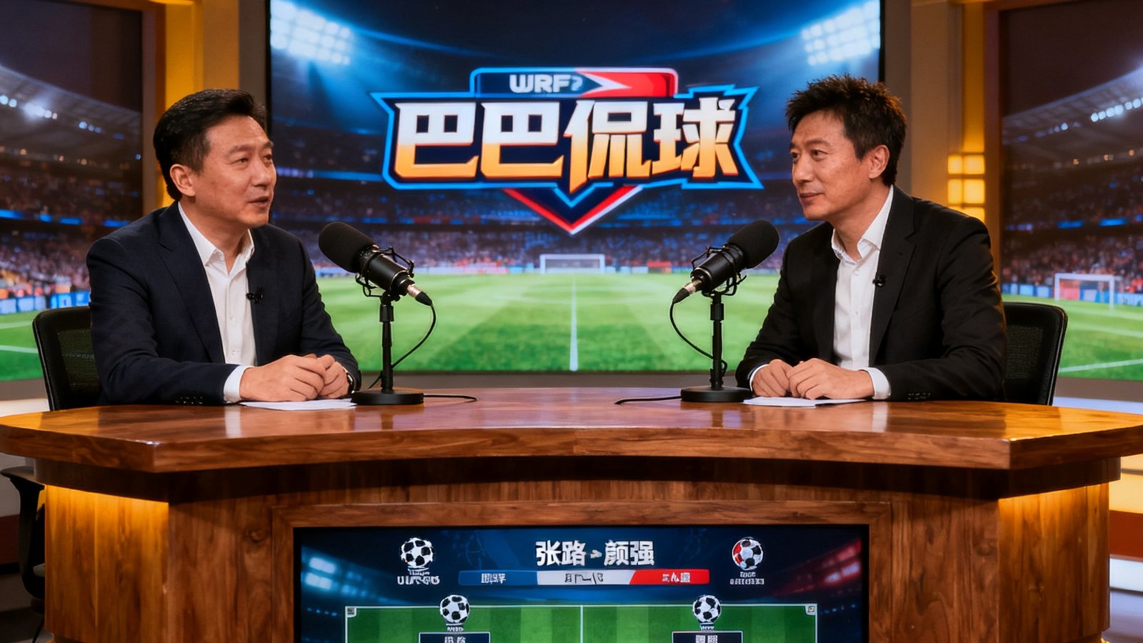足球巴巴自制演播室脱口秀《巴巴侃球》，嘉宾张路、颜强正在分析欧冠八强